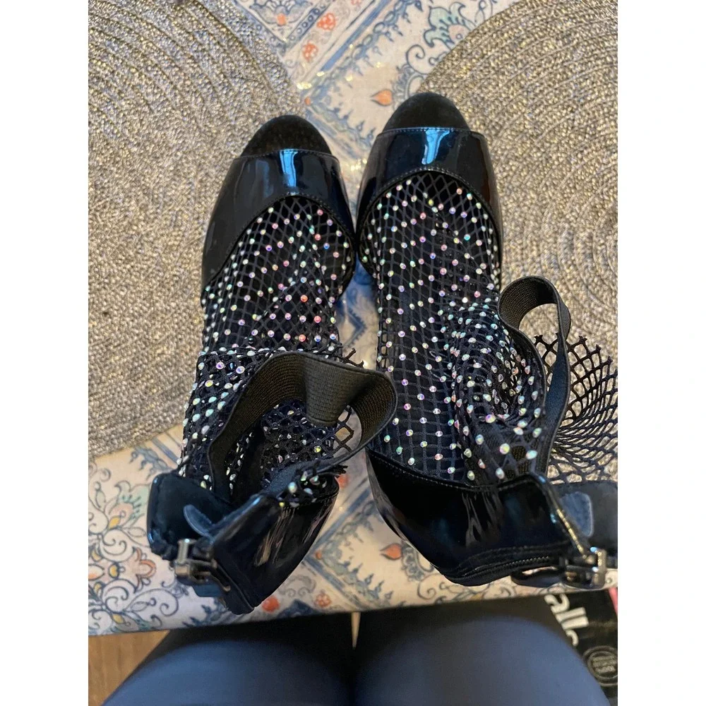Black Patent Rhinestone Fishnet Platform Ankle Boots Open Toe Stiletto Heels